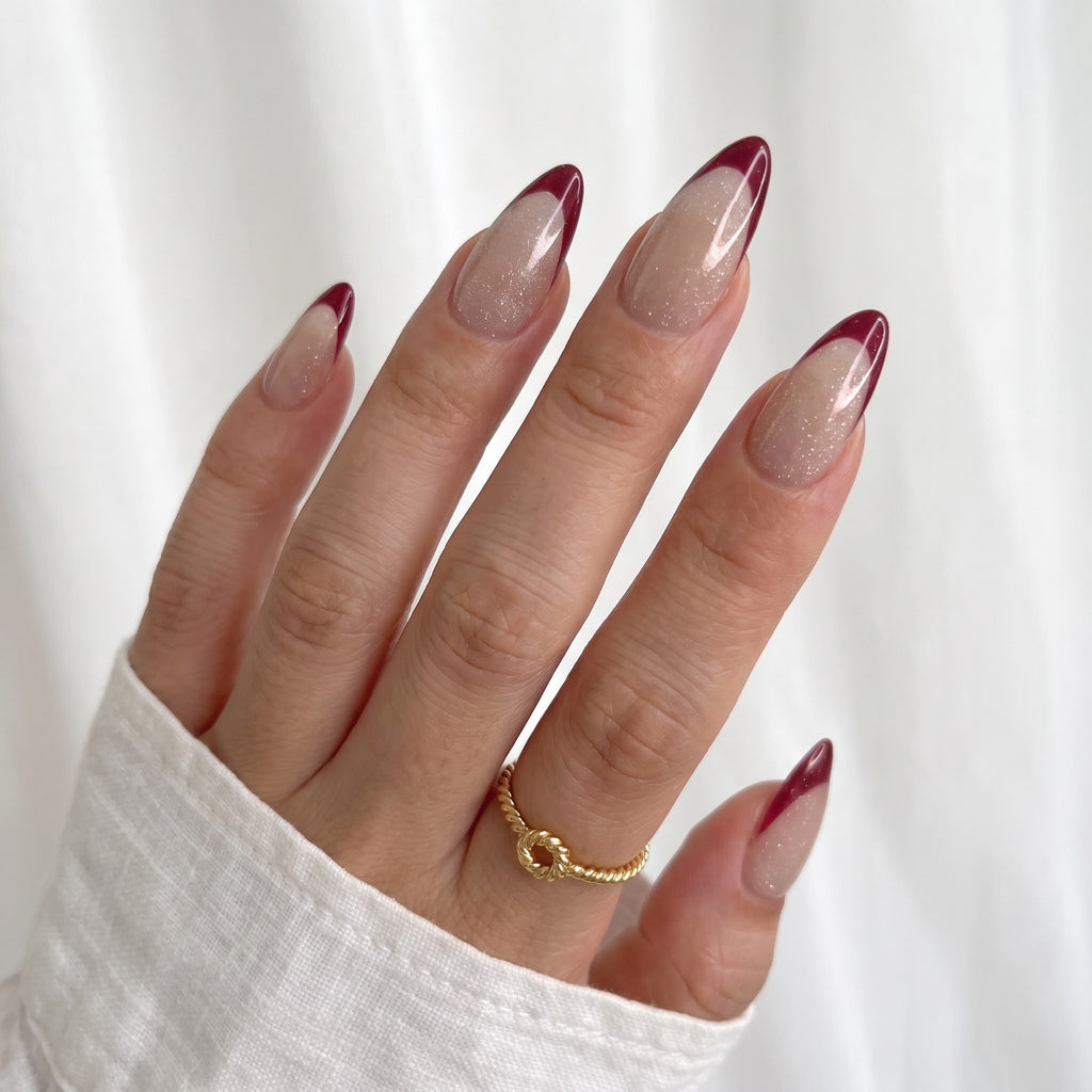 Cat eye Red French Long Almond nails with Application kit