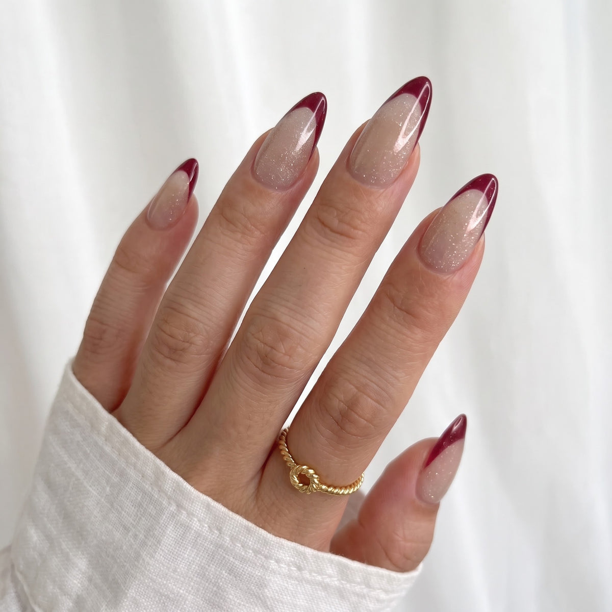 Cat eye Red French Long Almond nails with Application kit