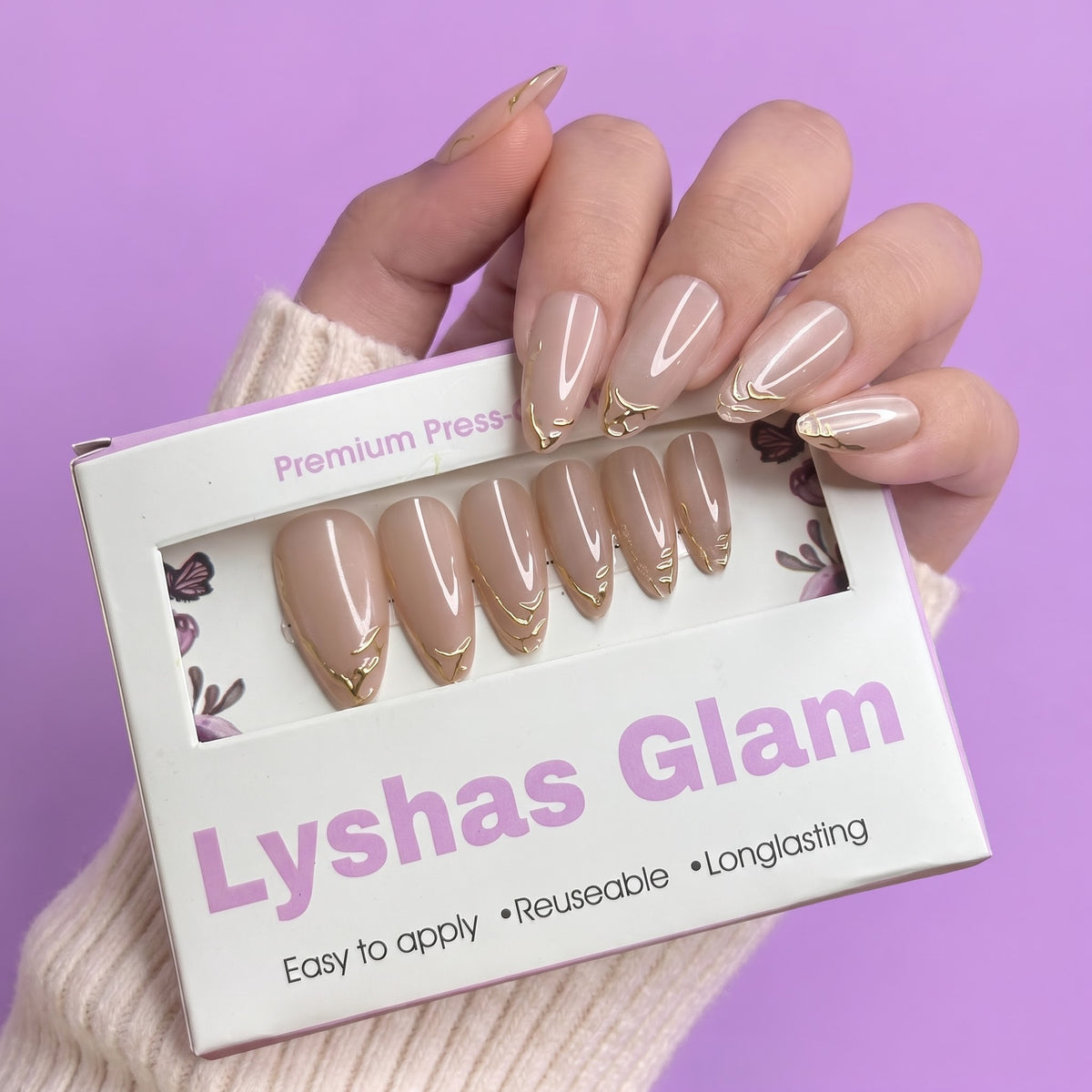 Cateye Golden Chrome Long Almond nails with Application kit