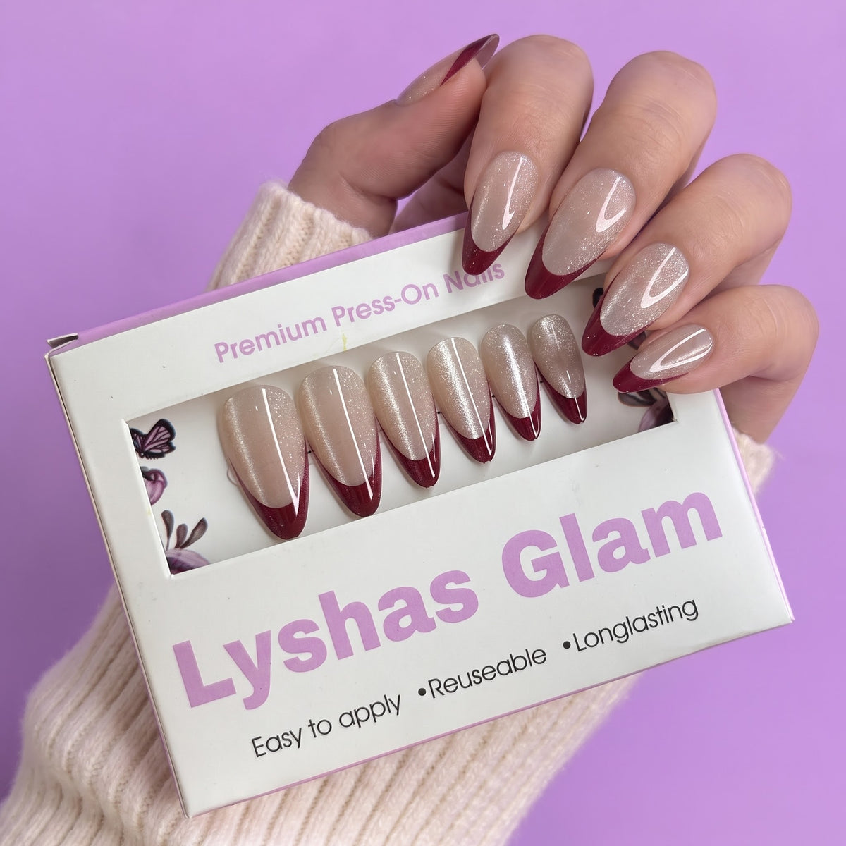 Cat eye Red French Long Almond nails with Application kit